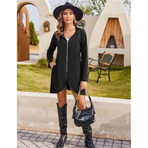 Women's Lightweight Zip-Up‎ Hoodie-Oversized Tunic Sweatshirt Cardigan w/ Pocket - Picture 3 of 7